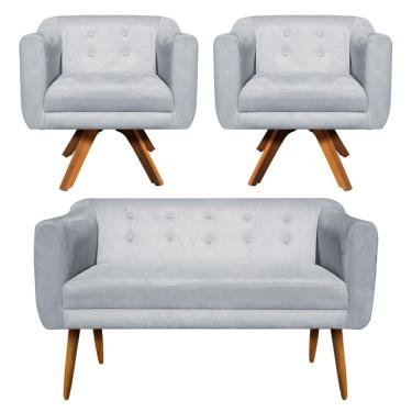 Imagem de Kit 01 Namoradeira 02 Lugares e 02 Poltronas Giratória Julia Suede Cinza Base Madeira MM30 D'Rossi