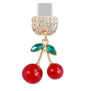 Imagem de ELISE & FONDA TP891 Tipo-C porta de carregamento cristal antipoeira pequeno 3D cereja pingente de celular para iPhone 15/16/Samsung/OnePlus/Xiaomi/oppo telefones Android (vermelho)