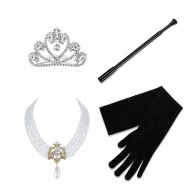 Imagem de Lpvelyshop Conjunto clássico de acessórios de fantasia de Hollywood para mulheres no Halloween, colar de pérolas com broche de cristal, coroa de tiara, luvas pretas, porta-cigarros longos