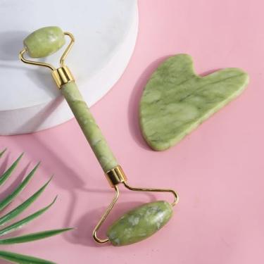 Imagem de Conjunto de rolo facial e Gua Sha – ferramentas faciais verdes para inchaço e vermelhidão, reduzindo a rotina de cuidados com a pele