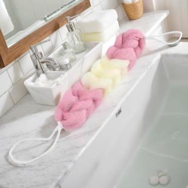 Imagem de Esponja de banho longa macia e confortável com esfregão esfoliante nas costas - Faixa de malha para chuveiro e sabonete líquido