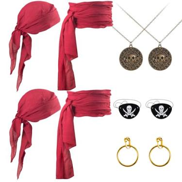 Imagem de Fantasia de pirata para mulheres e homens, acessórios de pirata para cosplay - cinto, bandana, tapa-olho, colar, brinco, Vinho tinto, Free