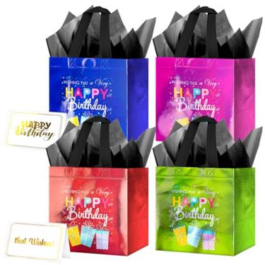 Imagem de Bolsa de presente de feliz aniversário com papel de seda para mulheres, homens, meninos, meninas, reutilizáveis, premium, 20 cm (vermelho, azul, verde, rosa) pacote com 4
