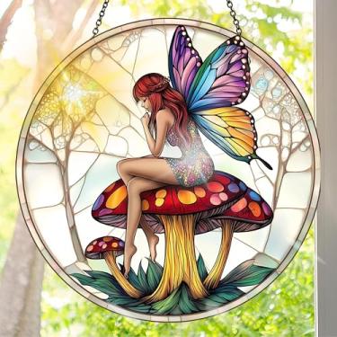 Imagem de Suncatcher acrílico colorido, decoração de janela suspensa de cogumelo com design de vitral impresso, apanhador de sol, arte de parede de arco-íris, ideia de presente e ornamento de jardim, uso