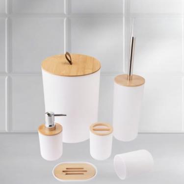 Imagem de Kit Banheiro 6 Peças Conjunto Completo Lixeira Bambu Moderno Lavabo Escova Sanitária(Branco)