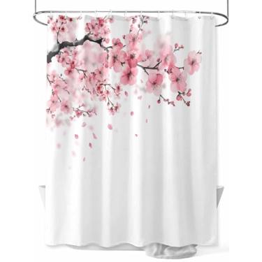 Imagem de Cortina de chuveiro de flor de cerejeira floral rosa, pétalas clássicas, tecido lavável à prova d'água, conjunto de cortinas de banheiro para decoração de banheiro, 91 x 182 cm de comprimento, branco