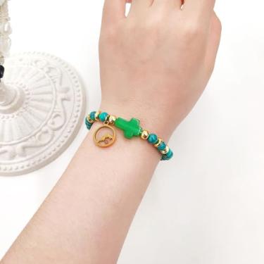 Imagem de Pulseira de fé elástica clássica feita à mão com contas de turquesa cristã, pulseira com pingente de sementes de mostarda religiosa de rotund, joia de fé para oração e bênção, One Size, Pedra Aço