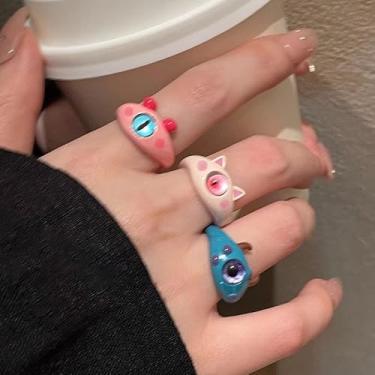Imagem de Conjunto de 3 anéis fofos de monstro de gato monóculo para mulheres design de nicho colorido de desenho animado novidade design animal joias modernas para uso diário
