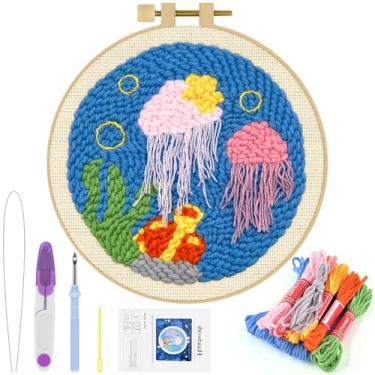 Imagem de ERKOON Kit de agulhas de perfuração para adultos, iniciantes, conjunto de bordado oceano fácil DIY para iniciantes, projeto de perfuração com padrões, ferramentas, fios, argola, instruções (água-viva)