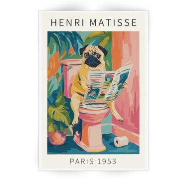 Imagem de SKINGE Arte engraçada de parede de banheiro de cachorro Henri Matisse Estética de quarto retrô rosa decoração pug on vaso sanitário pintura impressão obras de arte animal banheiro arte estética