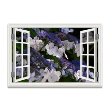 Imagem de LKXGRRSFG Flores brancas e roxas tela falsa para janela que economiza espaço, arte de parede cênica realista para quarto, casa, 20 x 30 cm, sem moldura