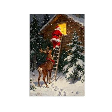 Imagem de Arte de parede de Natal boneco de neve decoração de parede Papai Noel olhando pela janela pintura de natal de inverno para sala de estar quarto Papai Noel tela imagens de Natal decoração de casa 75 x