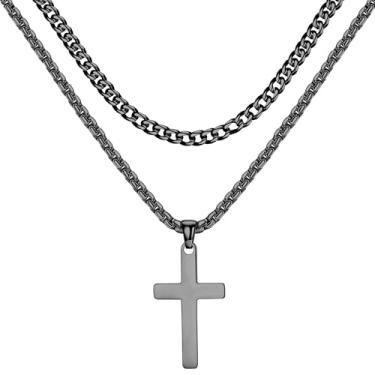 Imagem de Colar de cruz para homens e meninos – Corrente de crucifixo em camadas de aço inoxidável banhado a ouro 14K, prata e preto, corrente cubana, corrente de espinha de peixe, pingente de cruz, joias
