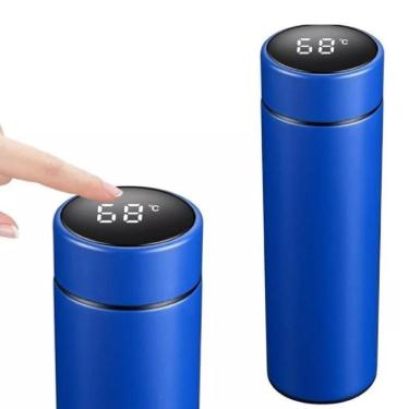 Imagem de Garrafa Térmica Com Display Digital Copo Inox 480ml Termômetro Medidor De Temperatura Gelada Azul