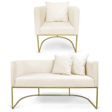 Imagem de Kit 01 Namoradeira 02 Lugares E 01 Poltrona Paola Linho Grosso Bege A19 Base Metálica Dourado