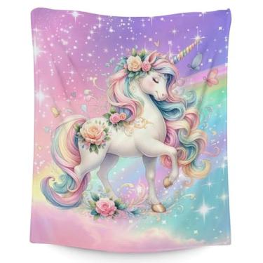 Imagem de Cobertor de unicórnio para meninas, 127 x 152 cm, cobertor para adolescentes - Presentes macios e felpudos de pelúcia - Presente de unicórnio colorido e estético para cadeira de cama