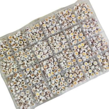Imagem de Kit Miçangas Pulseiras Infantil, Letras Alfabeto Completo E Organizador 650 Ou 1300pçs Missanga Bijuteria Artesanato(1300 peças,Branco e Dourado)