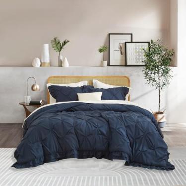 Imagem de REYOS Jogo de cama king size com 2 fronhas, respirável, de microfibra escovada, para meninas, meninos, liso, com babados, conjunto de edredom para decoração de casa, azul marinho, 264 x 221 cm