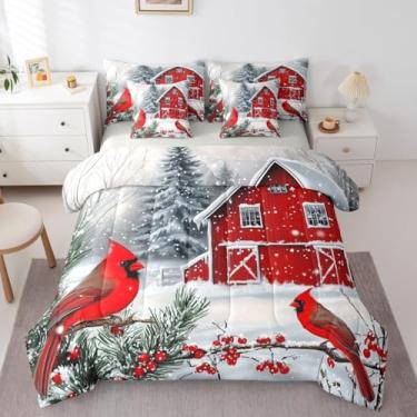 Imagem de Erosebridal Conjunto de cama de casal Merry Christmas com estampa de cardeais vermelhos de Natal rústico, casa de fazenda, 7 peças, vintage, para quarto de meninos, meninas, adolescentes e adultos