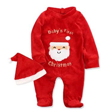 Imagem de Von kilizo Roupa de Natal para bebês My First Christmas Baby Girl Boy Macacão com pés, chapéu de Papai Noel, 2 peças, Vermelho, Recém Nascido