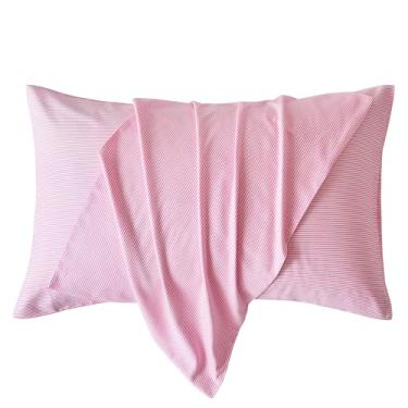 Imagem de JELLYMONI Conjunto de fronhas King listradas 100% algodão natural, pacote com 2 capas de almofada estampadas com estampa listrada branca e rosa fina com fecho de envelope (travesseiros não incluídos)