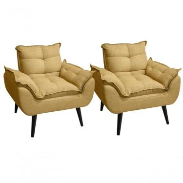 Imagem de Kit 02 Poltrona/cadeira Decorativa Glamour Opala Com Pés Quadrado Palha Linho