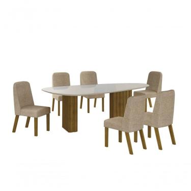 Imagem de Conjunto Sala De Jantar Mesa Orgânica Com Vidro 200cm Com 6 Cadeiras Pé Madeira Isis Freijó/off White/linho Palha