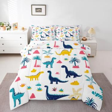 Imagem de Feelyou Conjunto de cama de dinossauro, macio para meninos e meninas, conjunto de edredom solteiro com estampa de dinossauro, multicolorido, microfibra de animais selvagens, decoração de quarto, 2