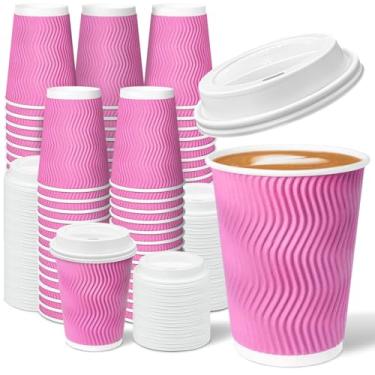 Imagem de Charmount Pacote com 100 copos de café isolados descartáveis rosa de 350 ml com tampas - Copos de papel quente para viagem de parede ondulada para café, chá, cacau e bebidas - para casa, escritório