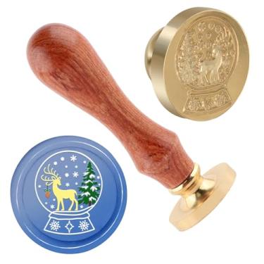 Imagem de Carimbo de lacre de cera de Natal carimbo de vedação bola de cristal latão e uma alça de madeira carimbos cabeça para cartões de natal convites de festa carta envelope cartões de felicitações