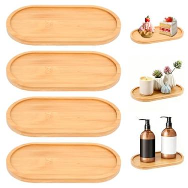 Imagem de FHUIEWRY 4 bandejas de banheiro de bambu, bandeja oval de madeira para sabonete, bandeja de balcão de banheiro para joias, cosméticos e itens pequenos, pequenas bandejas de servir para velas de café