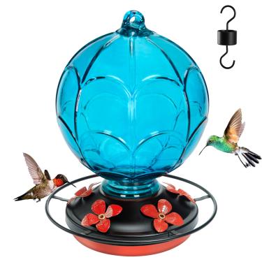 Imagem de Jarkyfine Alimentador de beija-flor, alimentador de beija-flor de vidro soprado à mão para pendurar ao ar livre com fosso de formiga, 5 portas de alimentação, à prova de vazamento, para mãe (azul)