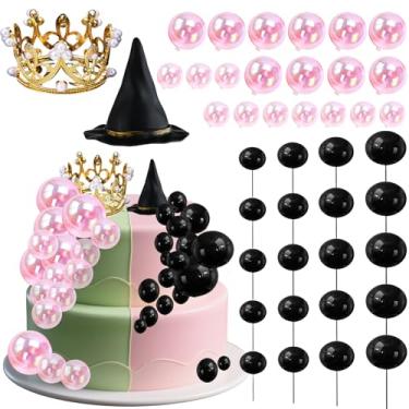 Imagem de Kit de decoração de bolo malvado com 42 peças - Topo de bolo malvado com balões pretos, coroa dourada, chapéu malvado e bolas de glitter para aniversário, suprimentos de festa de fantasia (bola rosa +