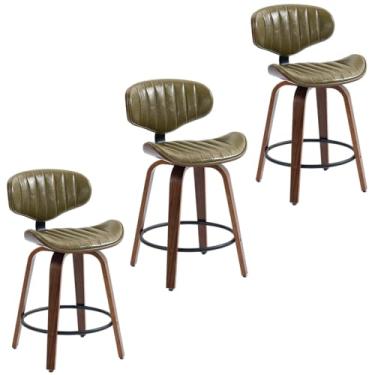 Imagem de CHIDOCHILO Conjunto de 3 bancos de bar modernos de couro PU de 61 cm, banquetas de madeira de madeira para balcão, cadeiras giratórias para bar de café da manhã com encosto e apoio para os pés para