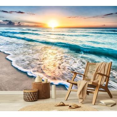 Imagem de PYFFYP - Papel de parede de praia, pôr do sol, oceano, murais de parede para sala de estar (não descascar e colar)