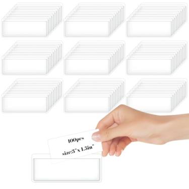 Imagem de KFHENSOMR 100 pçs porta-etiquetas autoadesivo transparente bolso transparente 7,5 x 2,5 cm etiqueta de prateleira de plástico transparente bolso para cartão de índice para supermercado, biblioteca