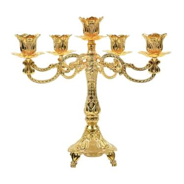 Imagem de Suporte de castiçal de metal com 5 candelabros, decoração para casamentos, igrejas, Halloween, Natal, festa de aniversário (A-ouro)