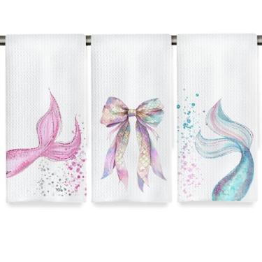 Imagem de Fyecoluo Toalhas de mão Coquette Bow Mermaid para banheiro, glitter azul e rosa cauda de sereia toalhas de mão decorativas de praia costeira para banheiro, banheiro, banheiro, banheiro, 40,6 x 61 cm
