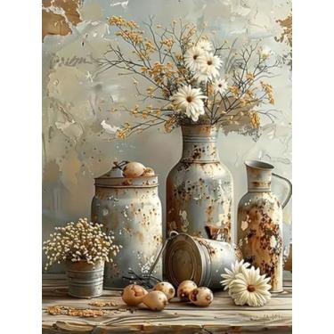 Imagem de WUSARPLY Kits de pintura rústica de diamante margarida para adultos, kits de arte de diamantes de flores, brocas, tinta de pontos de diamante com diamantes, pedras preciosas, artes e artesanato para