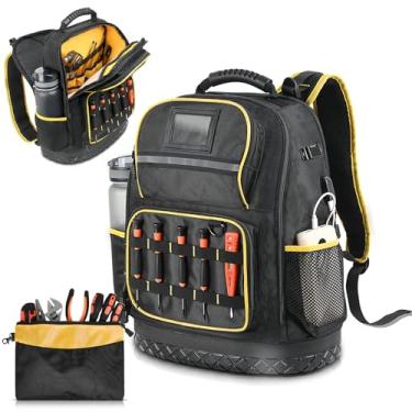 Imagem de Mochila de ferramentas resistentes com compartimento para laptop, fundo rígido e bolsa de ferramentas organizadora durável para eletricista com vários bolsos, porta USB, suportes de garrafa de água