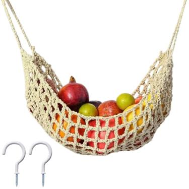 Imagem de Rede de frutas pendurada sob o armário, armazenamento de produtos com ganchos, 40 x 30 cm, corda de algodão creme