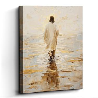Imagem de Arte de parede de Jesus, andando na água ouro impasto brilhante, decoração de parede cristã, impressão em tela laminada sem moldura, pôster cristão, para presente de pastor de sala de oração, 30 x 38