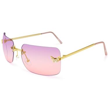 Imagem de Dollger Óculos de sol retangulares Y2k para mulheres, modernos, sem aro, óculos de sol quadrados, borboleta, anos 90, óculos escuros legais, Armação dourada com lentes roxas e rosa, G