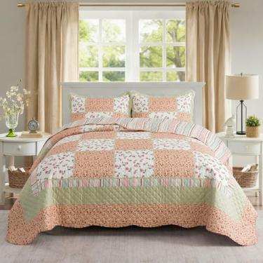 Imagem de NEWLAKE Conjunto de colcha queen, conjunto de colcha, floral laranja quente, reversível, leve e respirável para todas as estações, colcha acolchoada macia com 2 fronhas