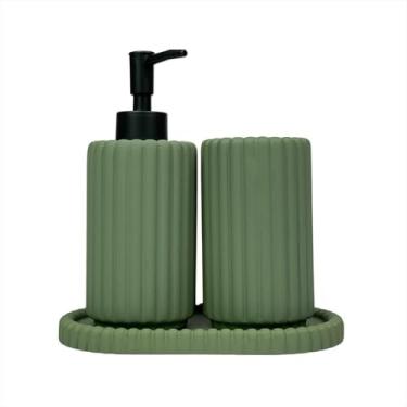 Imagem de Jogo Banheiro Porcelana 3 Peças Porta Escovas de Dentes Sabonete Líquido Acessórios Banheiro(Oliva)