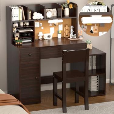 Imagem de RUPOLX Wooden Espresso Kids Study Desk and Chair Set with Light, 2 Drawers and 4 Storage Cabinets, Children Desk with 4 Open Hutch and Shelves, Girls Study Desk for Kids Bedroom-003