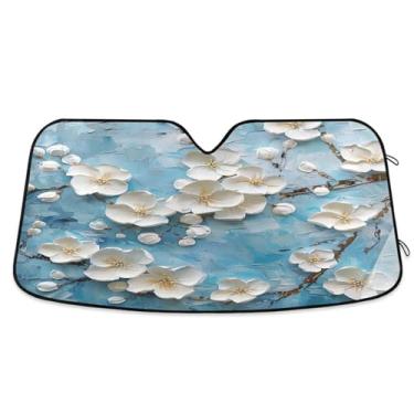 Imagem de ATTX Pára-brisas de carro flores brancas 139.7 cm x 70.1 cm escudo solar universal com proteção UV, persiana de janela frontal automática dobrável para caminhões Sedans SUVs #391