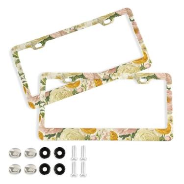 Imagem de SEHANY Molduras de placa de licença de flores florais coloridas, capas de moldura de placa de carro de alumínio à prova de ferrugem com orifícios elípticos e parafusos serve para veículos padrão dos