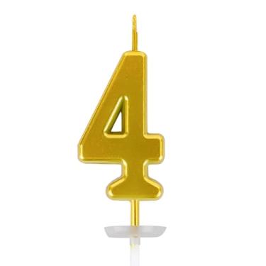 Imagem de Vela de bolo de feliz aniversário número - Vela CARGEN com placa de base para decoração de bolos em festas de aniversário e comemorações de aniversário de casamento, dourada, número 4