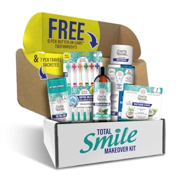 Imagem de GuruNanda Total Smile Makeover Kit regular com extração de óleo de cocomint, enxaguante bucal de clareamento de barril duplo, tiras de clareamento e manteiga nas escovas de dentes das gengivas